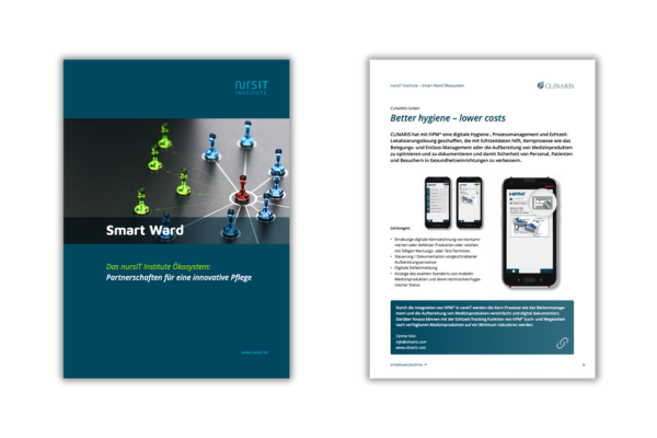 Screenshots aus dem Smart Ward Partnerkatalog von nursIT mit der HPM Infoseite | CLINARIS Geschichte