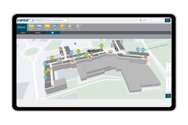 Apple Tablet mit 3D-Kartenansicht einer Krankenhaus-Station in HPM | CLINARIS Geschichte