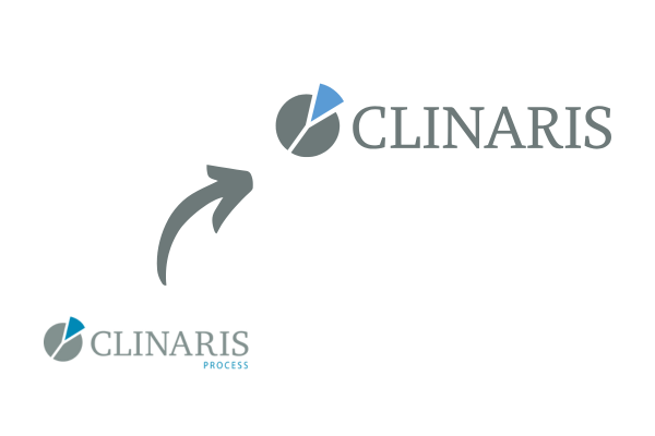 Pfeil zeigt von altem CLINARIS Process Logo auf das aktuelle CLINARIS Logo | CLINARIS Geschichte